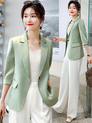 Acetate European style women's suit jacket, summer thin style, petite and stylish top, casual suit set.