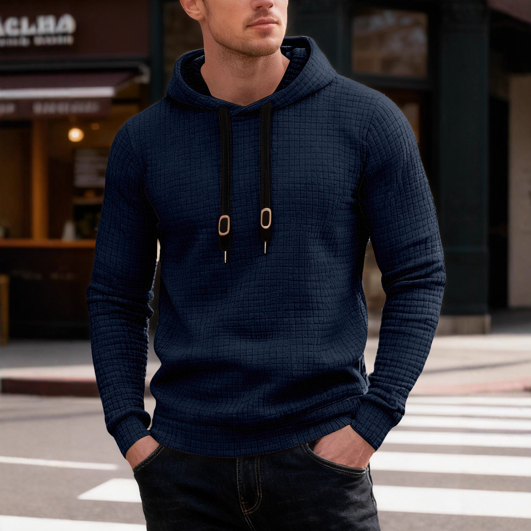 Transfronterizo tamaño europeo Amazon primavera y otoño casual sombrero de manga larga con cuerda de sombrero pegada Jacquard pequeño cuadrado chaqueta de hombre