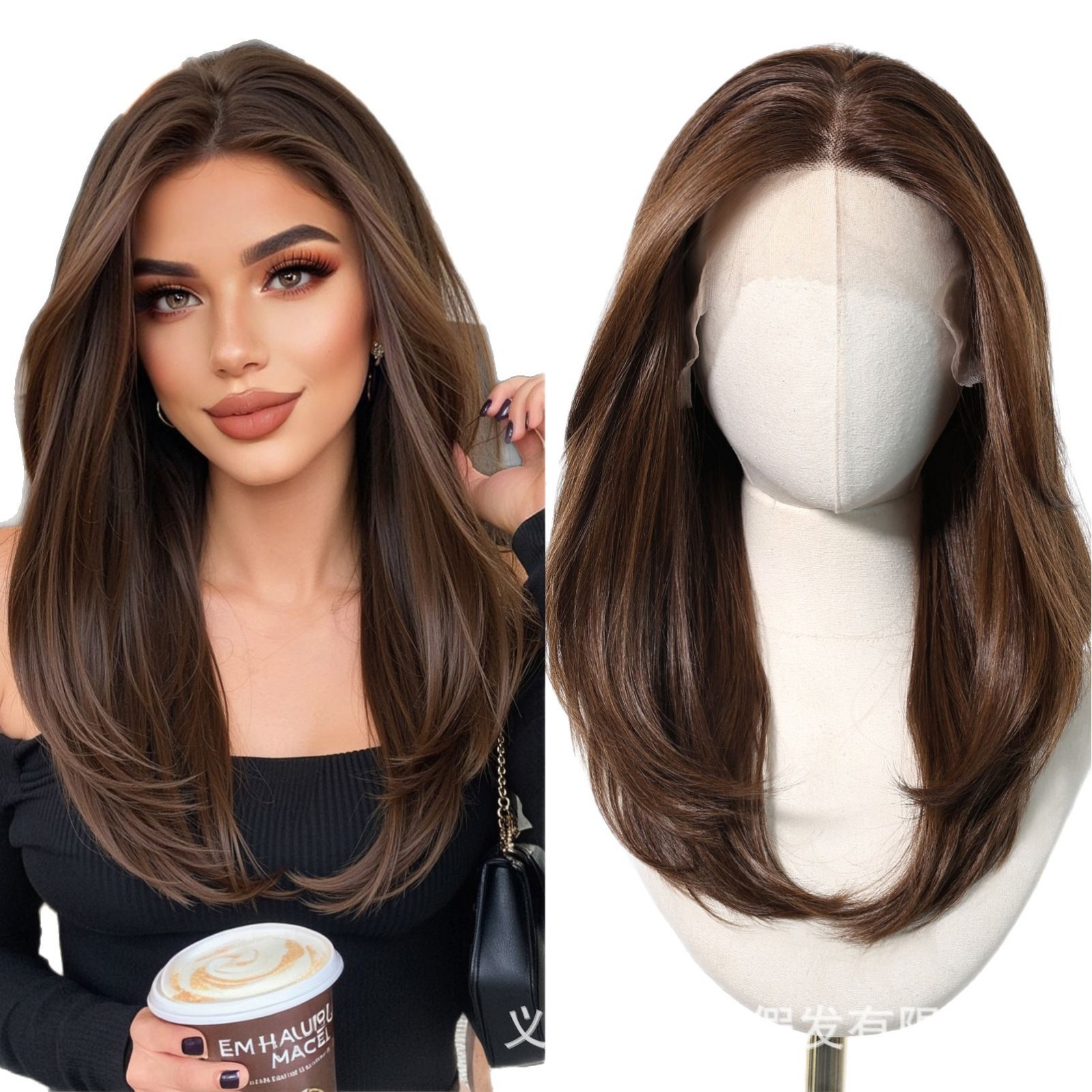 Nueva peluca de encaje de área grande para mujer 13*6 flequillo largo de ocho caracteres marrón oscuro rizo de cola de cabello conjunto completo stock de fábrica