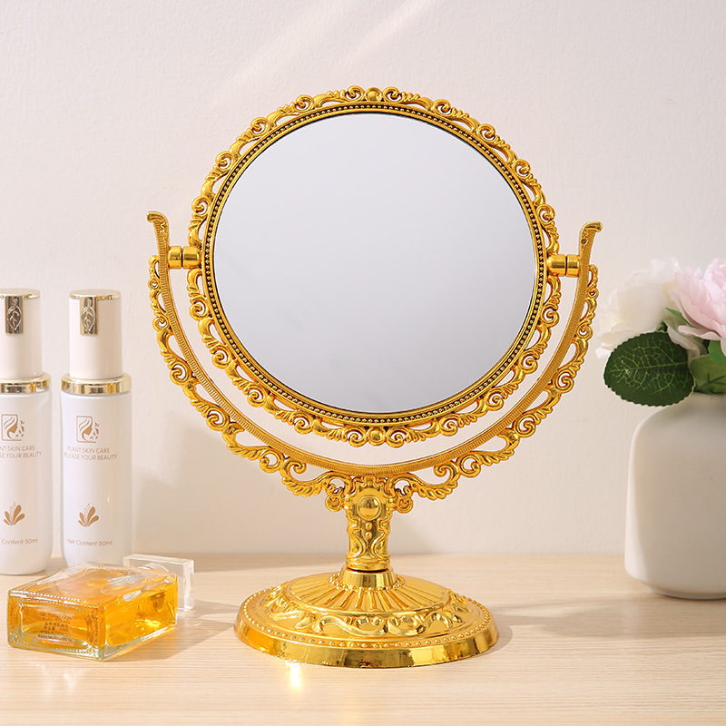 Espejo de maquillaje de doble cara de galvanoplastia de lujo retro de estilo europeo, tocador, decoración de escritorio para dormitorio, espejo de princesa francés portátil
