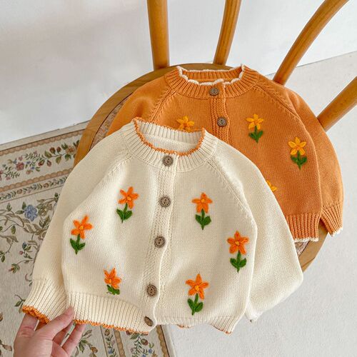  autumn clothing versatile baby girl infant children's coat hand embroidered flower knitted sweater cotton yarn long-sleeved cardigan