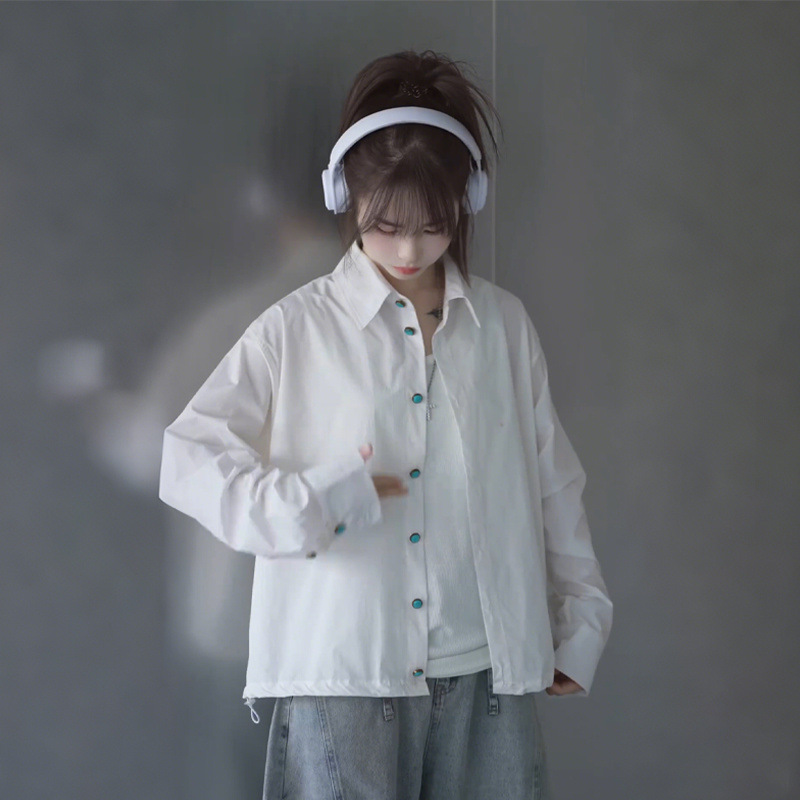 White Turquoise Sun Protection Shirt for Men and Women, Design Hem Drawstring Waist Shirt, Summer Sun Protection Jacket