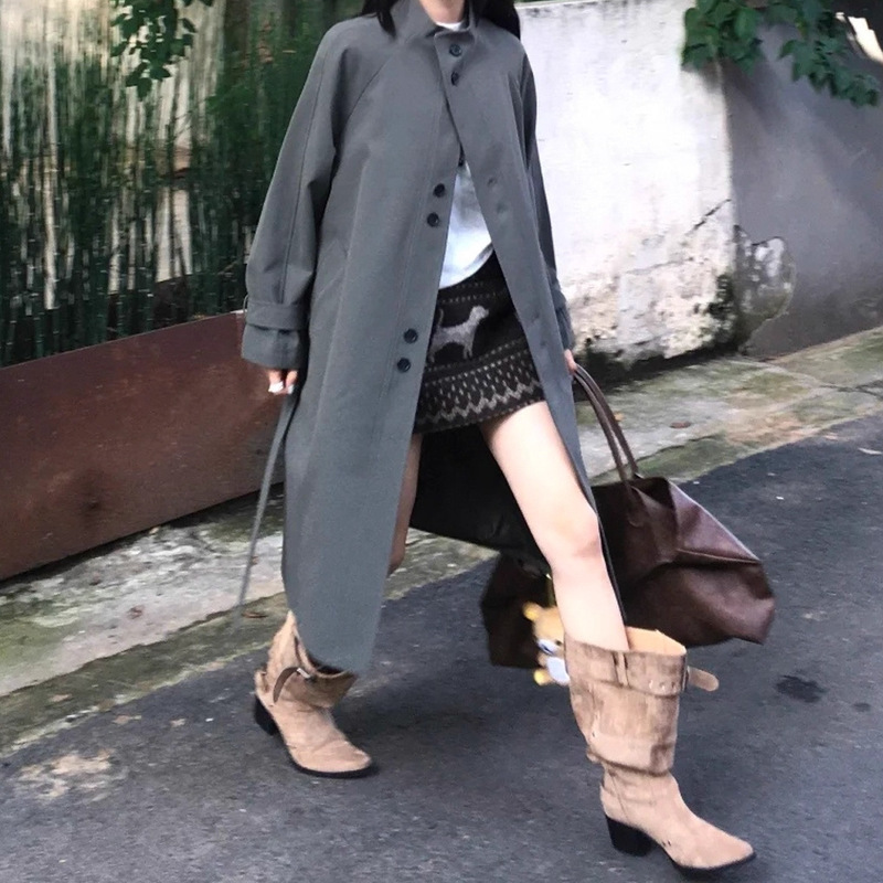 秋季2025新款休闲宽松百搭大衣气质感复古立领长款风衣外套女|undefined