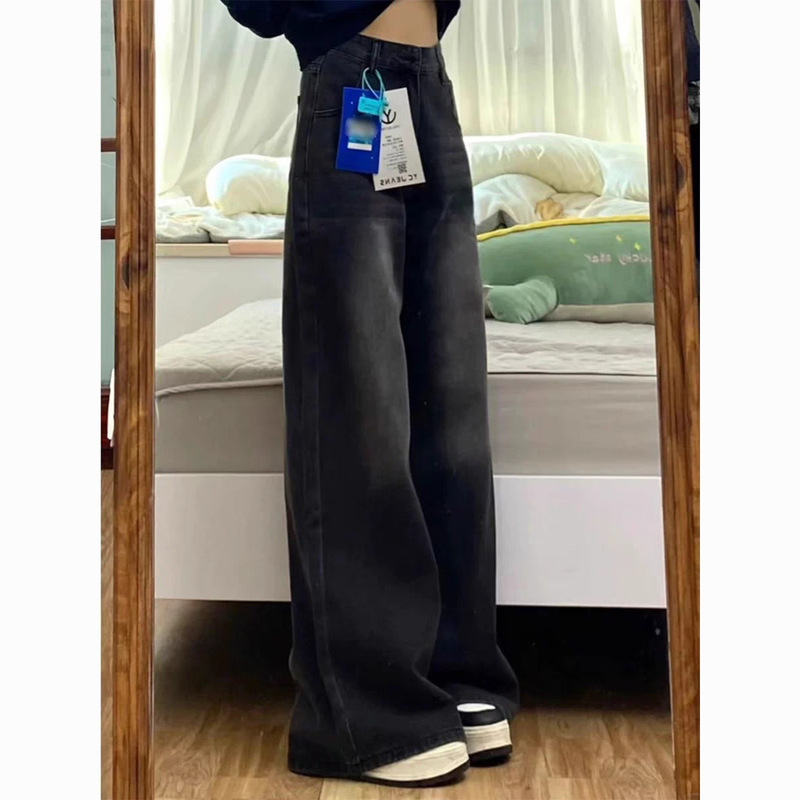 黑灰色宽松直筒牛仔裤女2025年新款春秋高腰梨形身材显瘦阔腿裤子|undefined