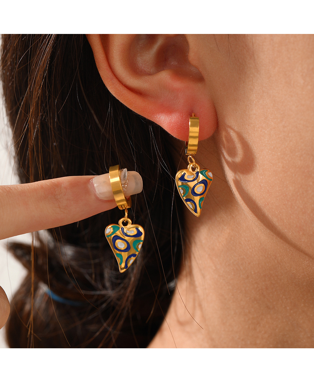 Ethnic Style Heart Shape Stainless Steel Enamel Drop Earrings 1 Pair