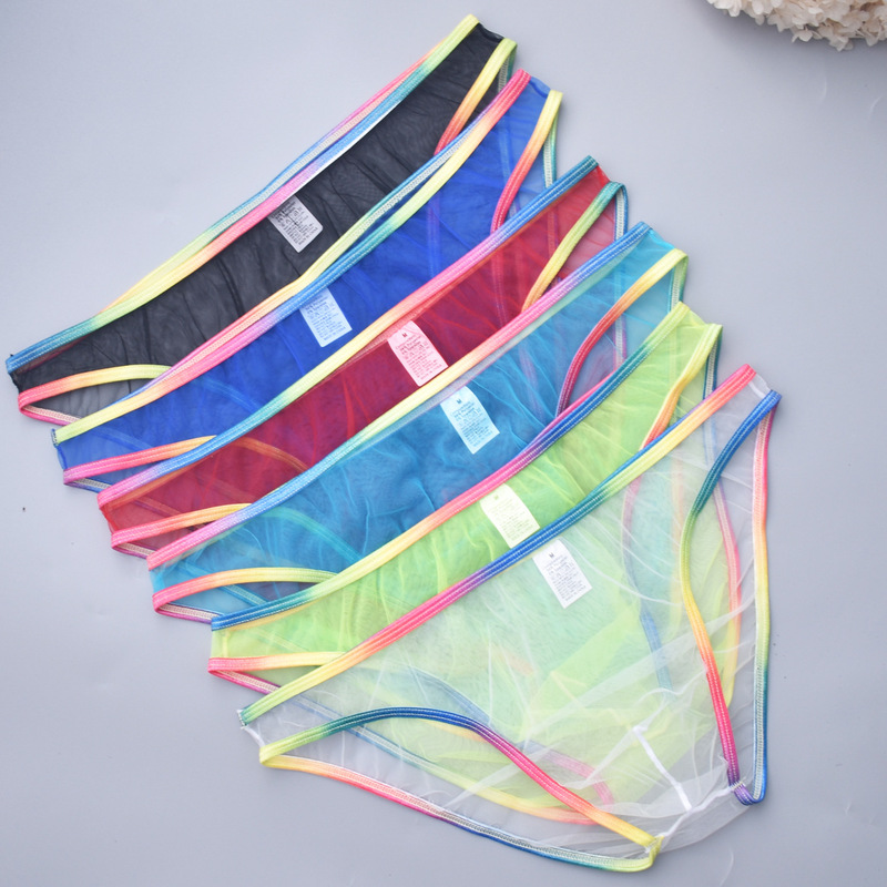 Men's thong in stock gauze sexy underwear sexy briefs new super transparent rainbow edge a underwear