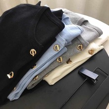 包芯纱新款法式小香风针织衫开衫女圆领短款小毛衣外套外搭上衣