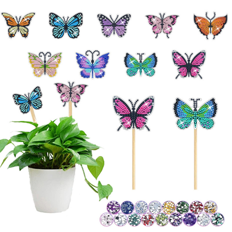 Estacas decorativas para macetas con diseño de flores para decoración de plantas en el hogar y escritorio, fabricante de estacas de jardín hechas a mano con pegatinas de diamantes DIY.