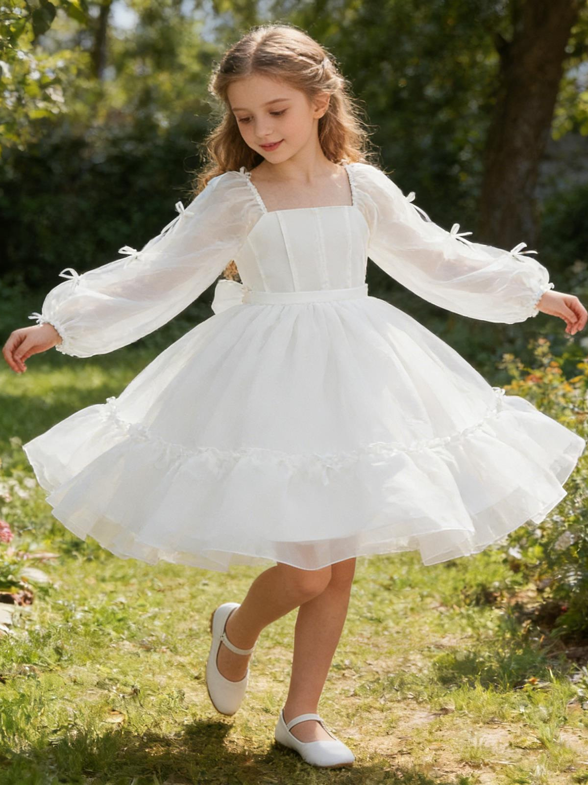 2026 vestido de niñas de mangas largas vestido de princesa flor de boda vestido de arco de cinta vestido de cumpleaños