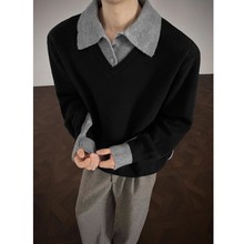 感针织衫长袖老钱风加厚假两件潮牌毛衣男冬季POLO领高级青年保暖