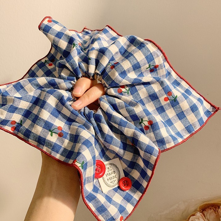 韩系蓝色格子方巾大肠发圈女方形头绳高级感慵懒风扎头发大号发饰|undefined