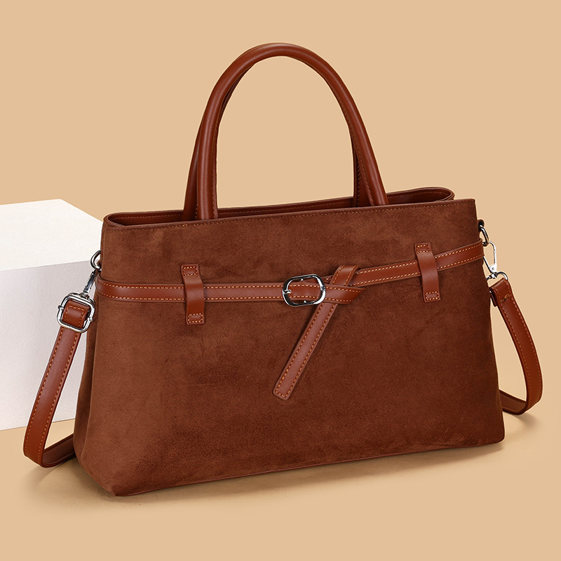 手提包女士包包欧美复古风麂皮绒袢带设计手提方包OL气质通勤女包