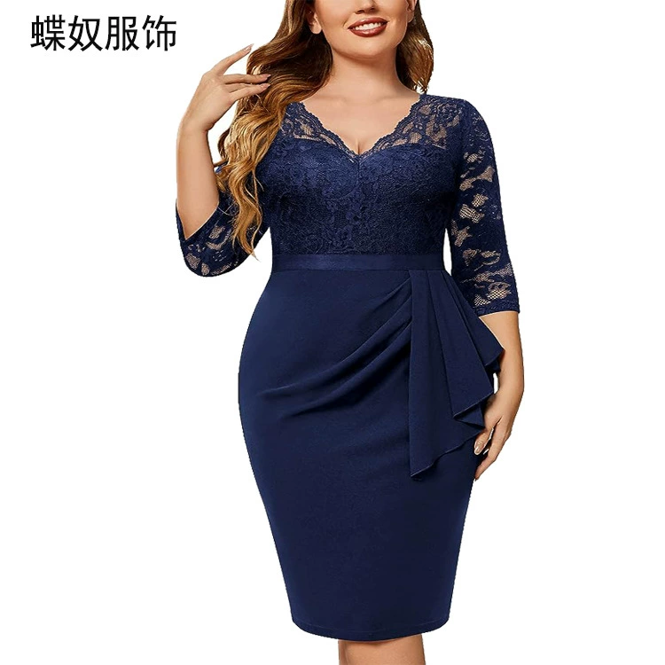 (Граница торговли), кружевной шифон pencil юбка-платье, европейский стиль, plus size, V-образный вырез, акцент на бёдрах