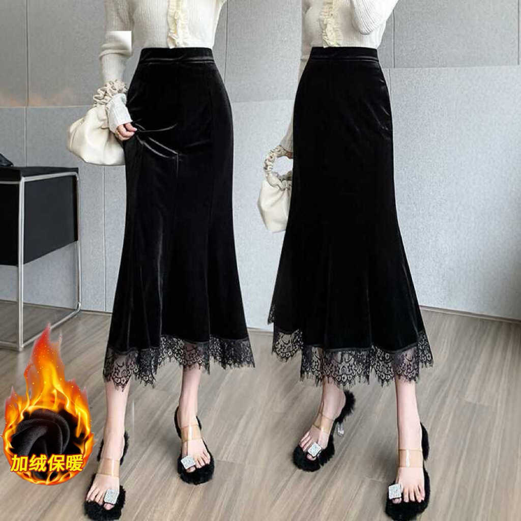 Velvet Half Skirt for Women 2025 Autumn and Winter Fleece-Lined Thickened Korean Style Draped Hip Skirt High Waist Slimming Lace Mermaid Skirt