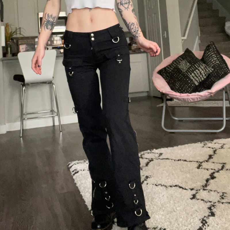 Women's Low Waist Straight Slim Jeans Trendy Cool Zip Detailing Casual Cotton Trousers For Autumn Fashion American Style_mkmklike.com