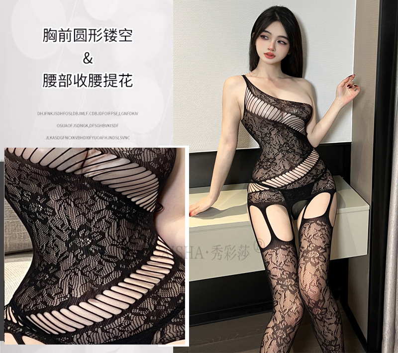 Black Lace One-Piece Slanted-Shoulder Lingerie with Cut-Out Stockings, Plus Size — detail image 10