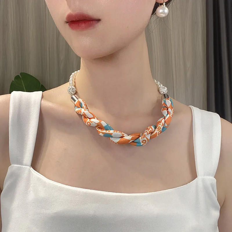 이중 자석 버클 비드 체인/파란색, 흰색, 주황색 글자 길이 45cm