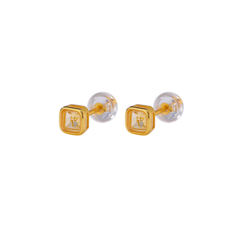 Bông tai bạc S925 mạ vàng đính đá thạch anh tím mặt cắt vuông — Kiểu citrine màu vàng