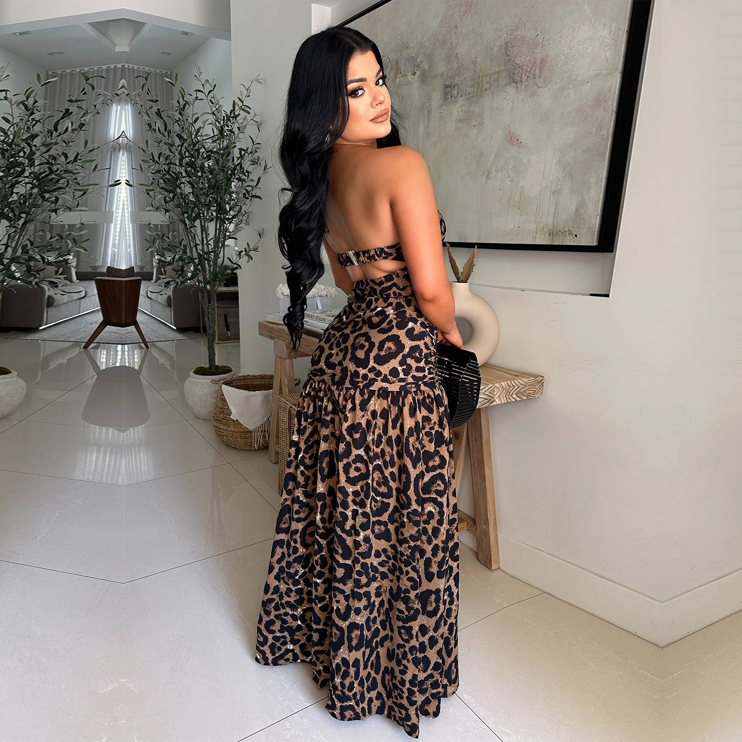 C7501 Aliexpress transfronterizo amazon ropa de moda europea y americana sexy impresión de leopardo vestido de espalda image 4