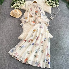 早春新作高級レトロプリント優しい風灯籠袖シャツシフォンプリント中丈スカート2点セット