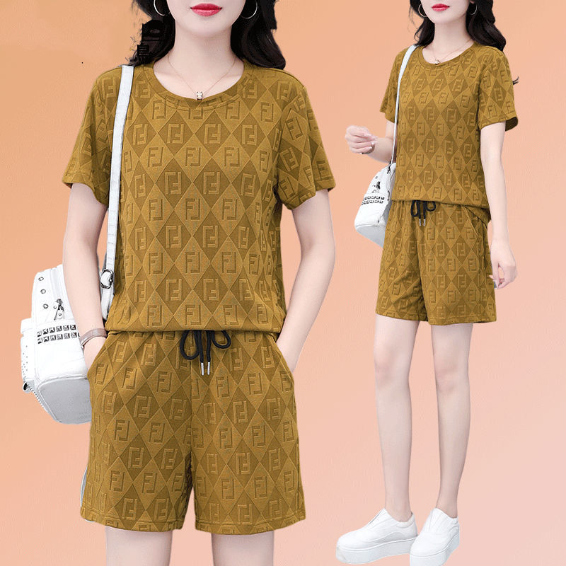 대외 무역 얼음 실크 패션 반팔 반바지 5부 바지 정장 여성 운동복 새로운 여름 캐주얼웨어 투피스 세트