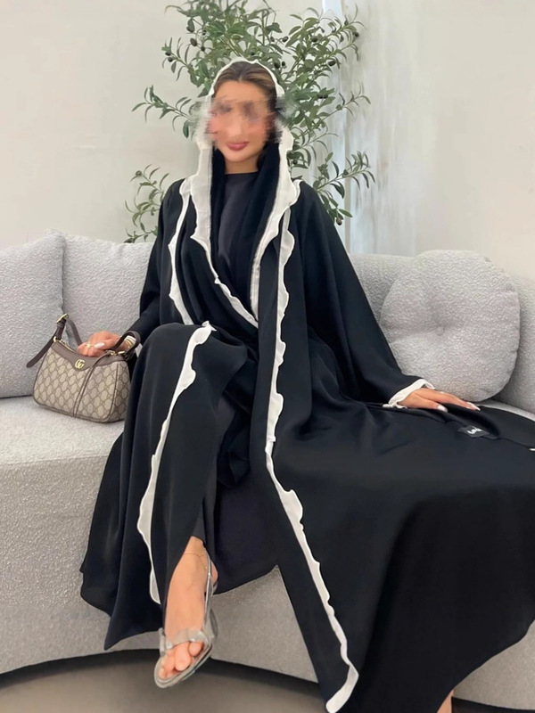 中东阿拉伯长袍头巾+开衫两件套花边优雅奢华女装外贸（带头巾）|undefined
