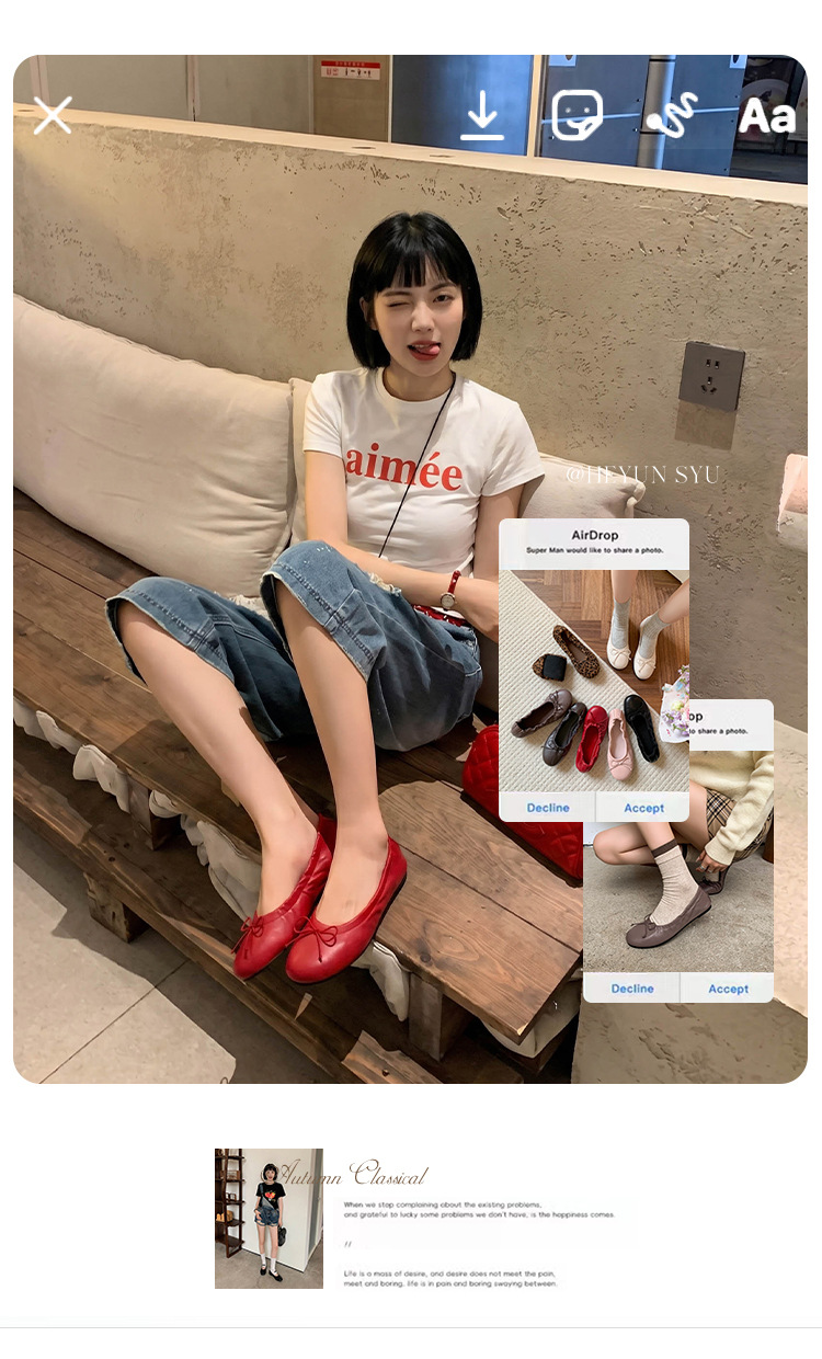 Giày ballet nữ da cừu mũi tròn nơ bướm đế bệt mềm mại — màu nâu chi tiết 1