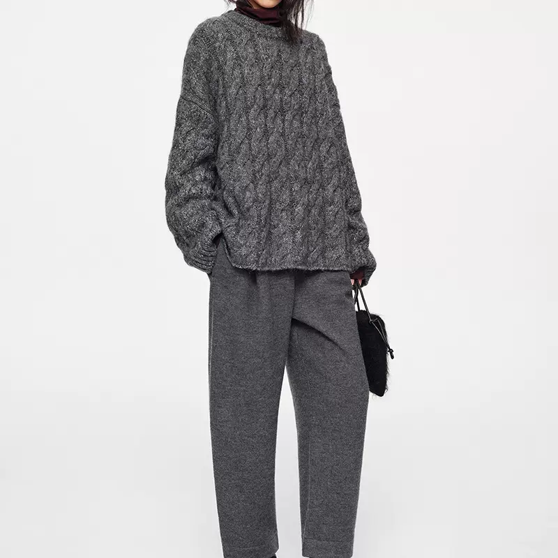 澳洲进口绵马海毛复古松弛绞花套头毛衣2025冬季新款休闲时尚