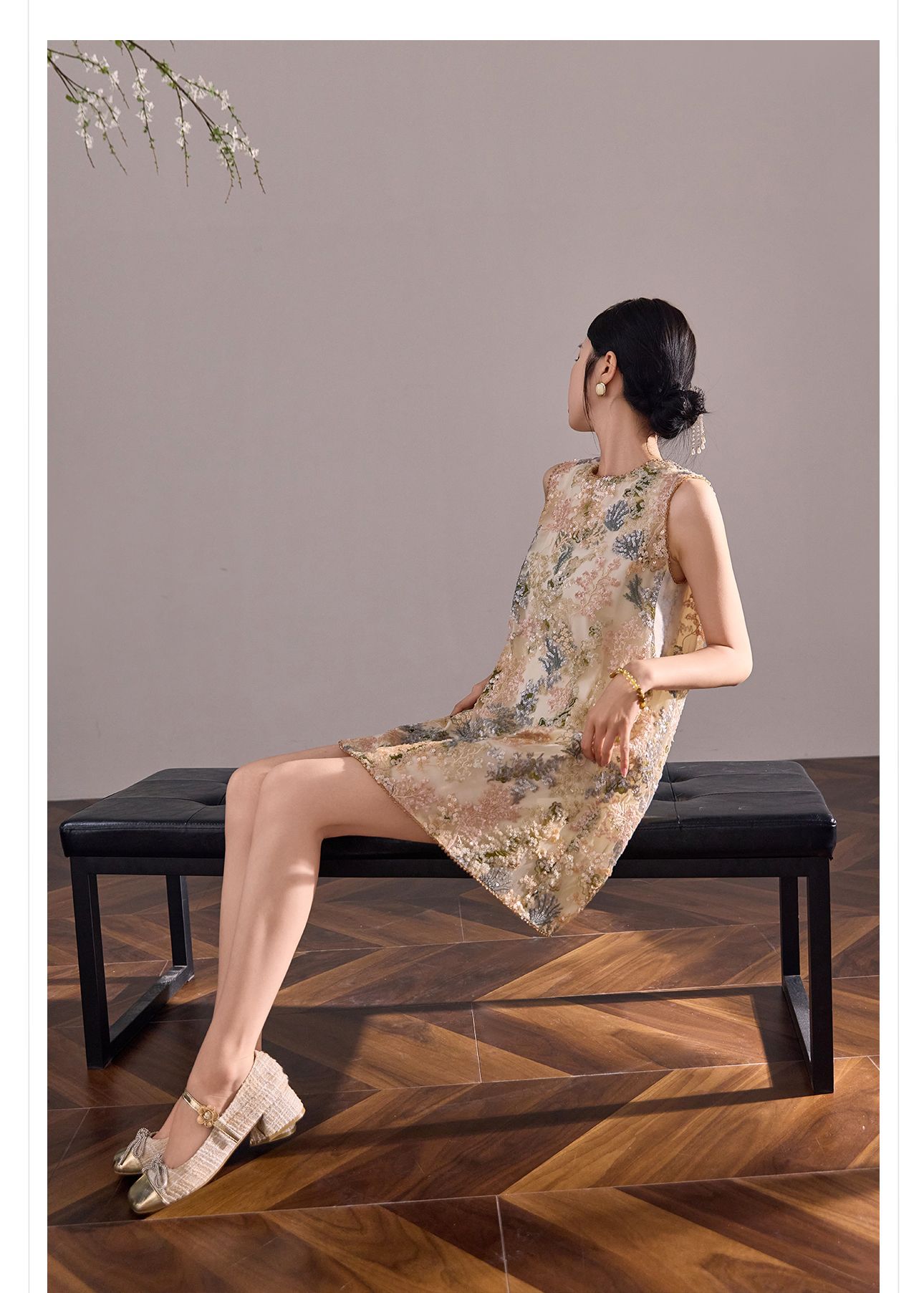 Đầm suông nữ midi tân cổ điển không tay, thêu đính cườm sequin, form chữ A — màu mơ chi tiết 6