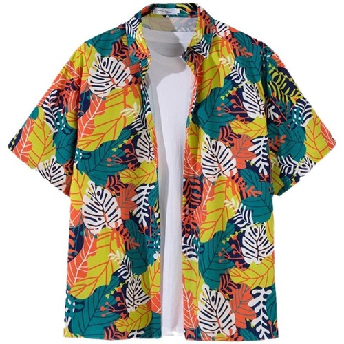 Short-sleeve floral shirt, Hainan Island outfit, beachwear, Sanya summer style, Thai-inspired travel wear—men's casual, loose-fitting jacket for couples