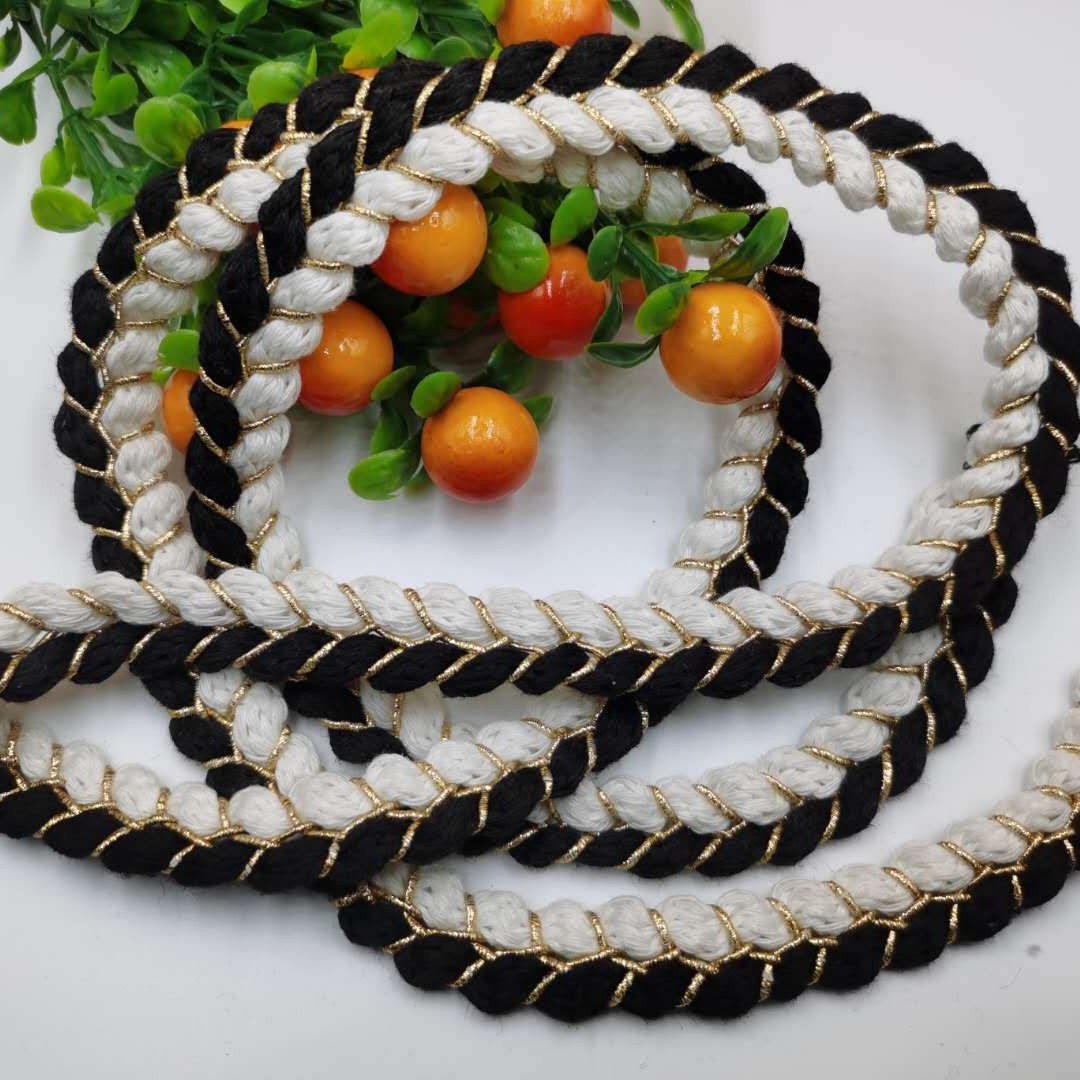 绳带小香风夹金编织粗绳黑白双色8字股1.5cm金丝棉绳