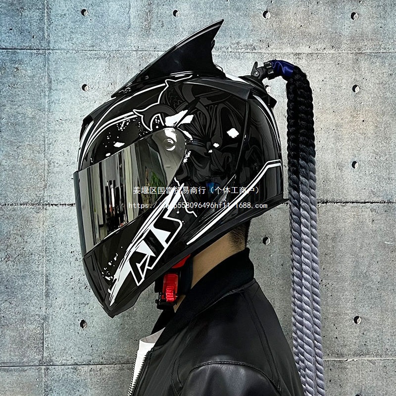 Diàndòngchē AIS Electric Motorcycle Helmet Men's and Women's Summer Full Helmet Double Visor (Auto Parts and Accessories) - s-demons-dancing-color-mirror-horns