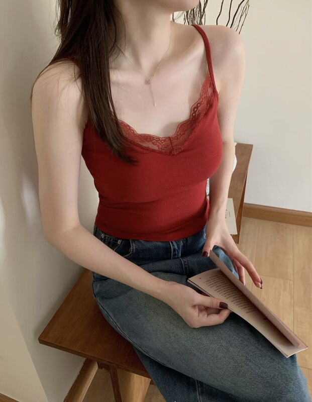 3145#纯欲V领蕾丝磨毛棉背心女秋冬显瘦保暖内搭带胸垫舒适吊带女|undefined