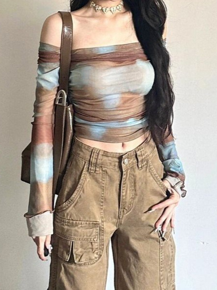女性用ワンショルダーTシャツ、春スリムフィットトップ、グラデーションへそ出し長袖ボトムシャツ、2025年夏新スタイル|undefined