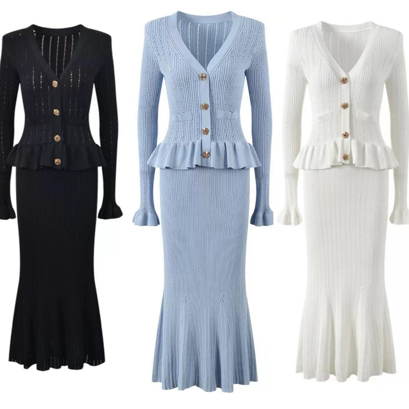 Yuan Quality Early Autumn French SP Three-color Full Temperament Fragrant Style Celebrity Hollow Fake Two-piece Knitted dress Women