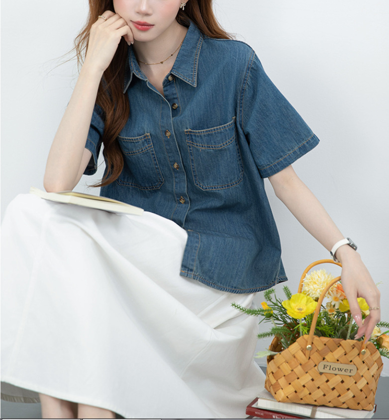 Áo sơ mi denim nữ tay dài phong cách retro rộng rãi — xanh lam chi tiết 4