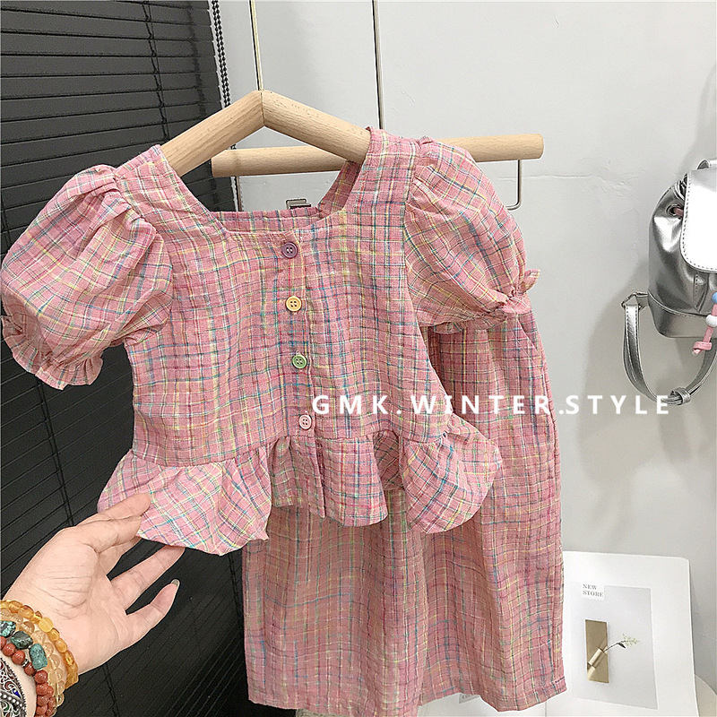 女の子の子供のカラーの格子のスーツの夏の薄いタイプの女の子の洋風のファッション的な夏服の女の子のカジュアルな2つのセット|undefined