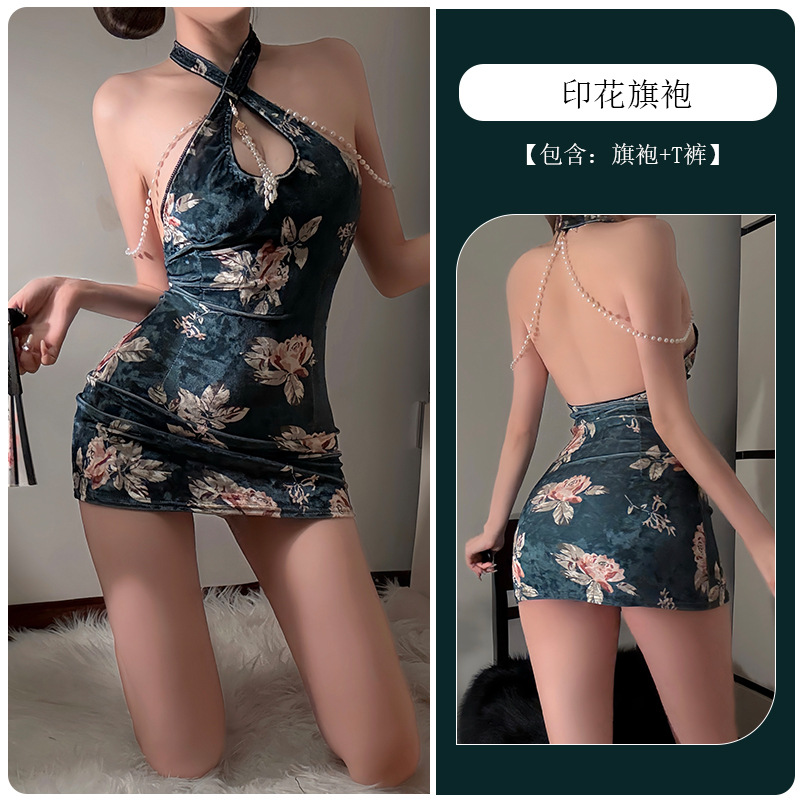 짙은 녹색 프린트 치파오