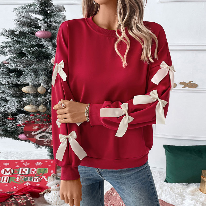 2026 Autumn and Winter European and American Valentine's Day Pullover Clothes Cross-Border Bow Decoration Women's Christmas Clothing Party Sweatshirt
