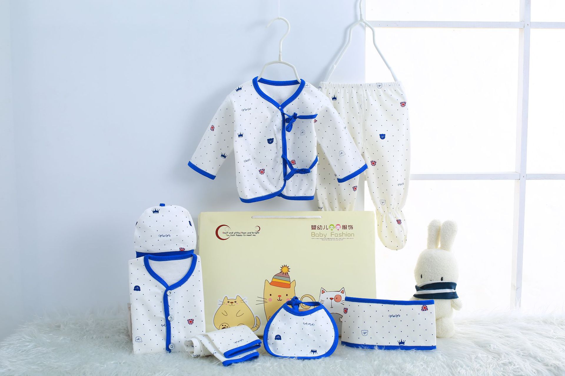 Nuevo bebé algodón lana bebé clásico traje de siete piezas ropa suministros bolsa de algodón Flor de dibujos animados traje de los niños