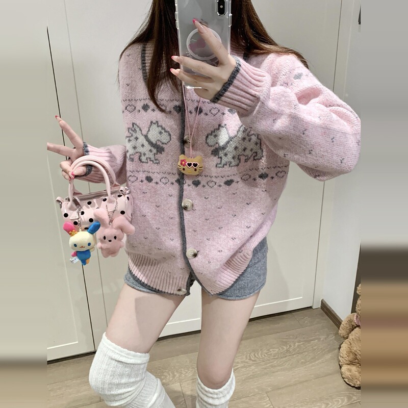 Fair Isle Design Sweater, Lazy Style, High-End Loose Knitted Cardigan Jacket, Women's Autumn and Winter New Pink Top Fair Isle Design Sweater, Lazy Style, High-End Loose Knitted Cardigan Jacket, Women's Autumn and Winter New Pink Top