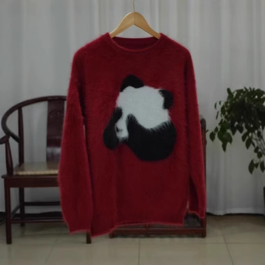 秋冬新款【小动物毛毛】女宽松圆领套头熊猫提花保暖毛衣打底衫