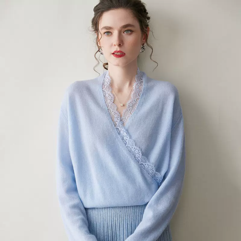 秋上新简约气质小女人蕾丝交叉V领套头羊绒针织打底毛衣气质长袖