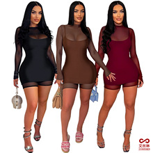 GL6810 欧美女装亚马逊跨境 性感拉链网纱连体裤吊带反光裙两件套