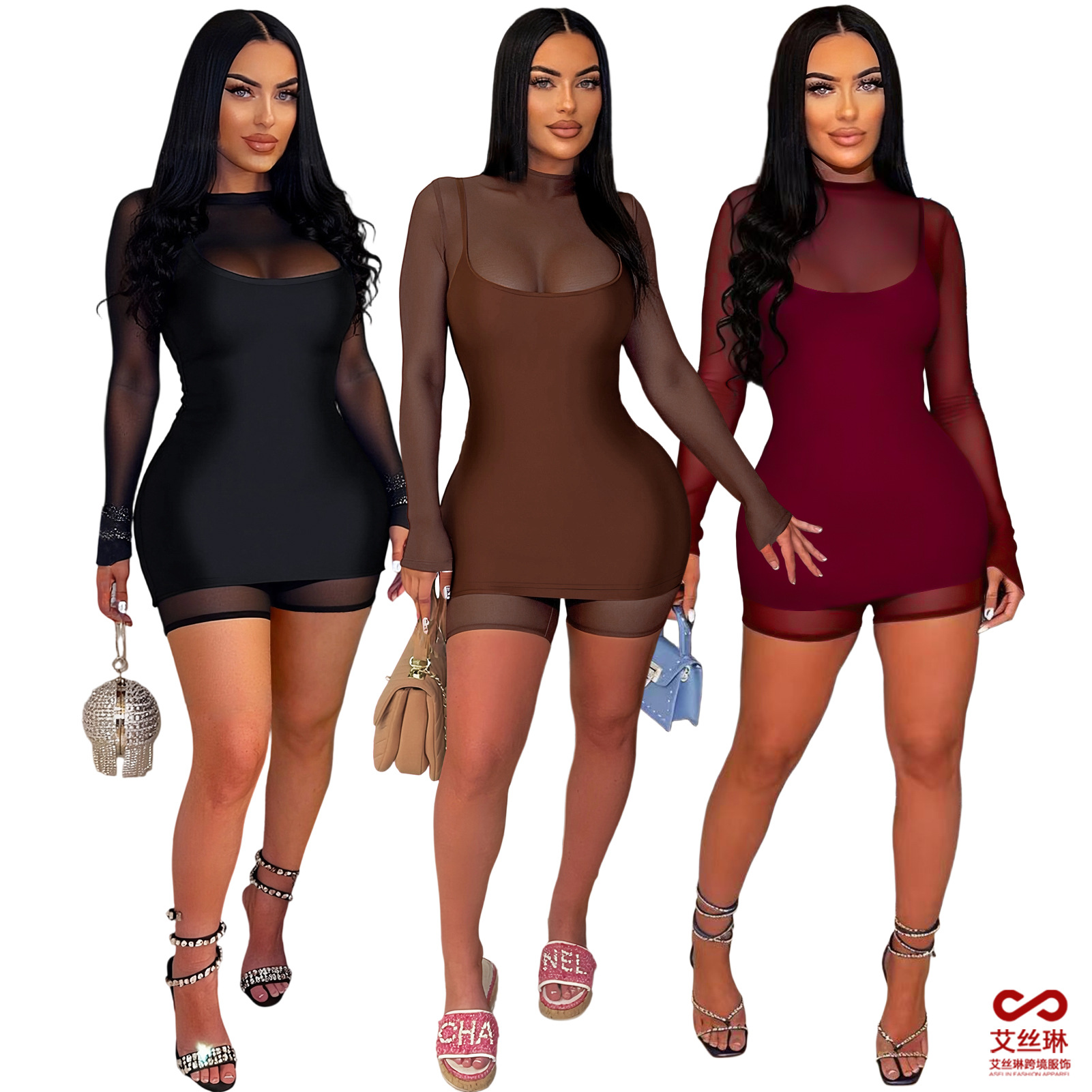 Gl6810 European and American Clothing Amazon Cross-Border Sexy Zipper Mesh Jumpsuit Suspender Reflective Skirt Two-Piece Set