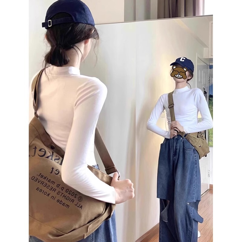 High-Quality Self-Made Small Stand-Up Collar White Base Shirt for Layering, Suitable for Spring and Autumn, Pure Cotton Long-Sleeve T-Shirt, Slim-Fit Top for Women