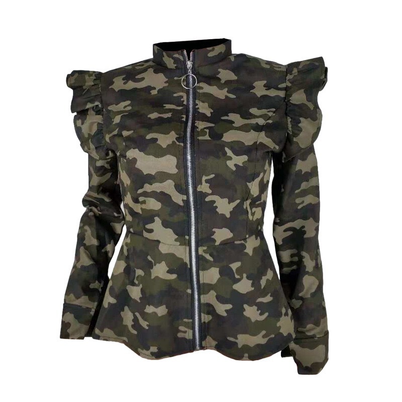 Cross-border European and American style fashion women's camouflage clothing wooden ear stand collar jacket jacket top long sleeve zipper clothing