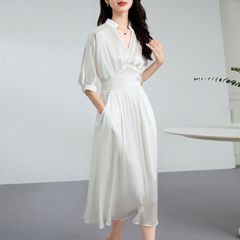 Silk Dress Women's V-neck Temperament Satin Mulberry Silk A-line Long Dress  OL | eBay