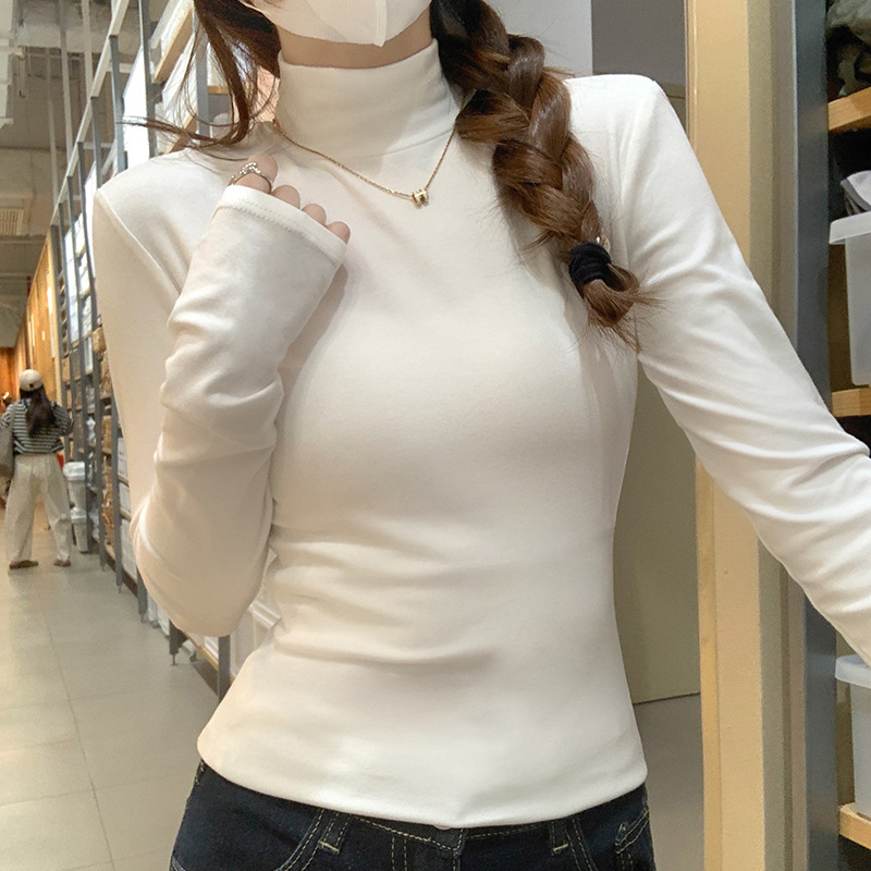 秋冬新款磨毛高领莫代尔打底衫女修身内搭叠穿女士上衣简约打底衫