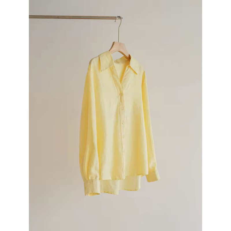 100% Natural Pure Linen Shirt V-Neck Natural Flowing Long-Sleeved Shirt Yellow Sun Protection Women's Top Jacket Spring and Summer